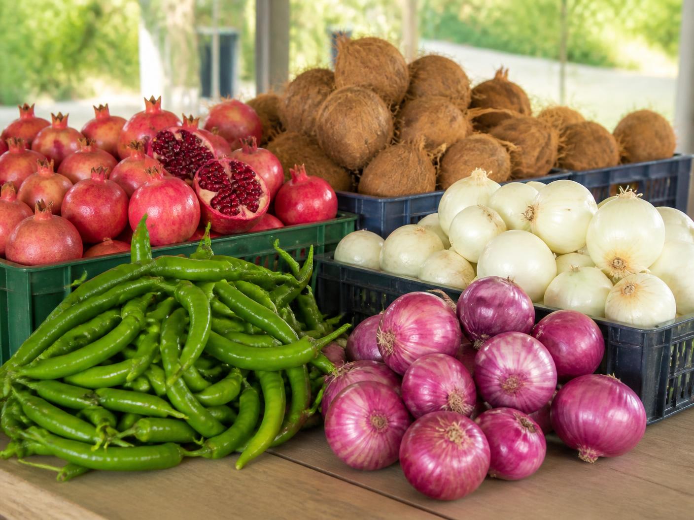 Fresh green chillies, onions, pomegranates and coconuts selected for export